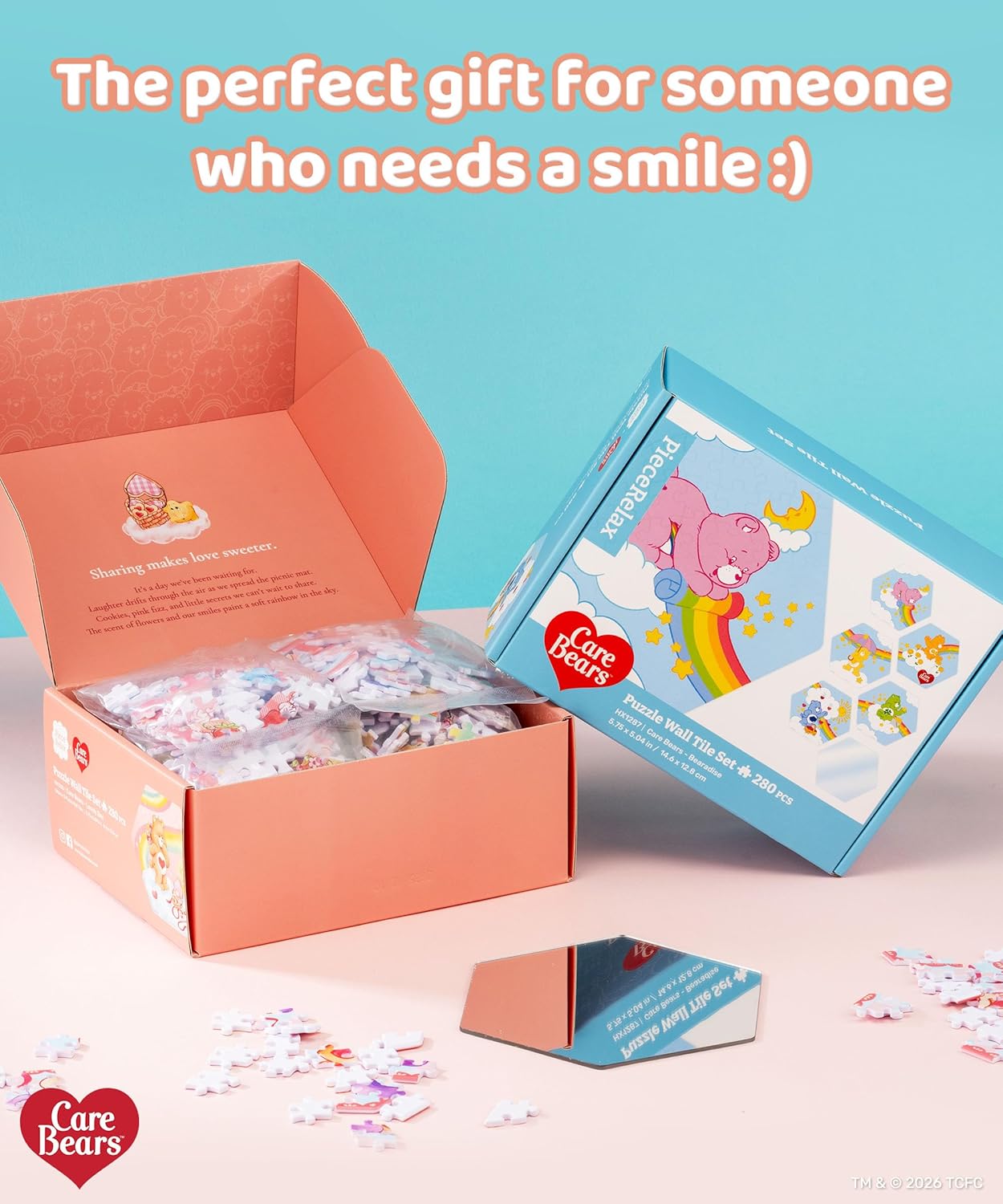 Care Bears™ by PieceRelax 5-Pack Hexagon Wall Tile Puzzle Set 56 Plastic Pieces with Mirror - Bearadise - Unique Gift & Home Décor with Restickable Strips No Glue Needed [HX1287]