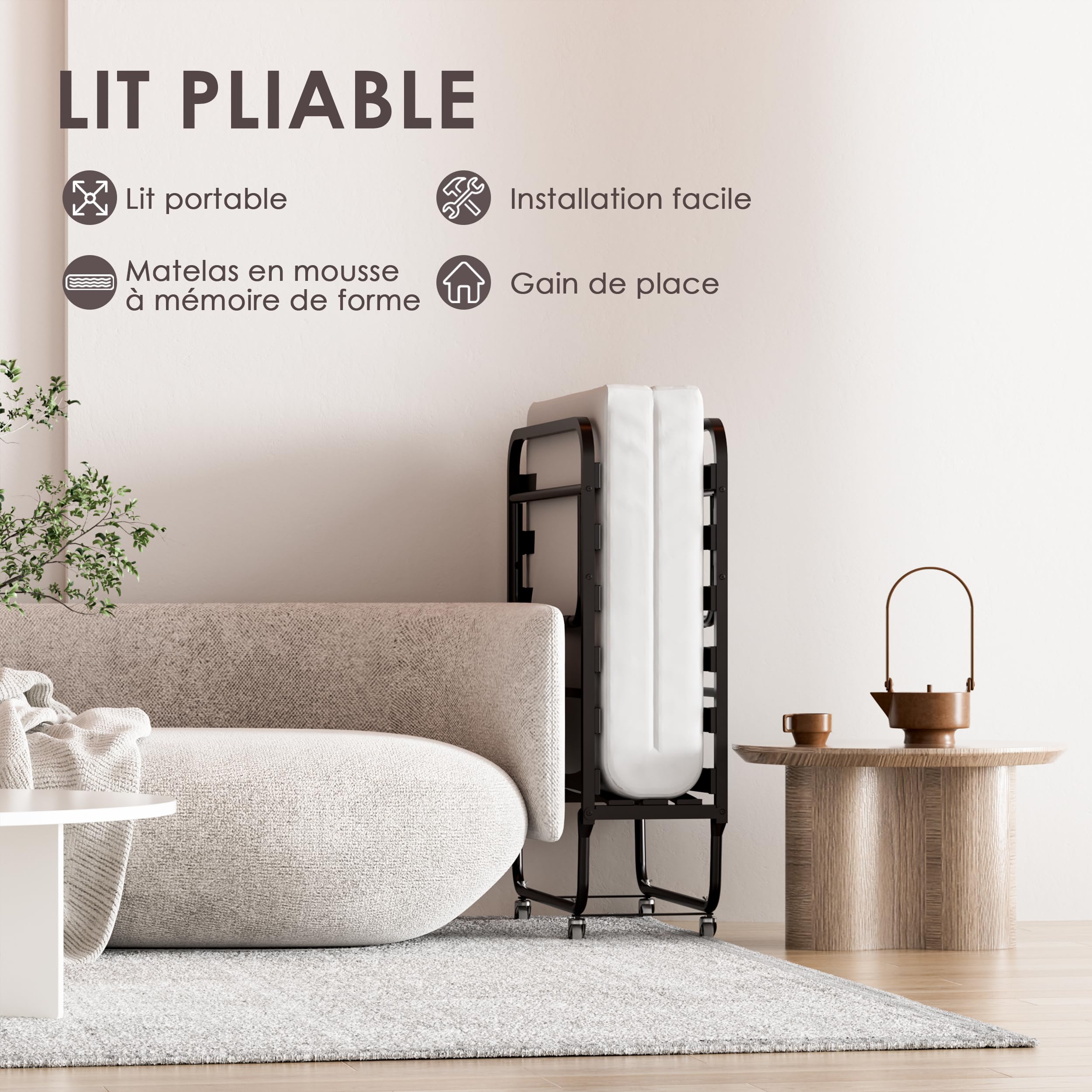 DEWINNER Lit Pliant 80x190 cm avec Matelas de 10cm, Lit Pliable 1 Personne Adulte pour Cadre de lit en sommier 80x190，Certification RoHS & Pro 65, 4 roulettes, Facile à Transporter et 2 Min Assembler