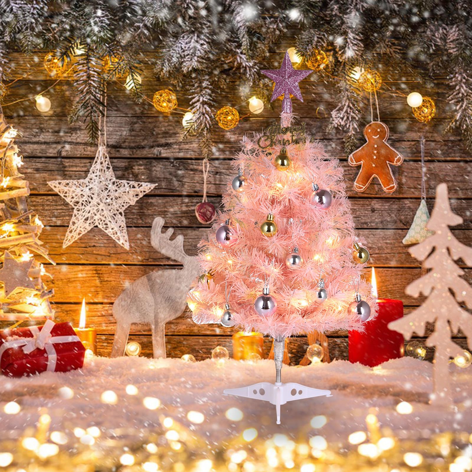 Small Pink Christmas Tree, 2ft Mini Christmas Tree, Artificial Small Desktop Xmas Tree with Lights and Tree Ornaments, for Christmas Thanksgiving Decorations