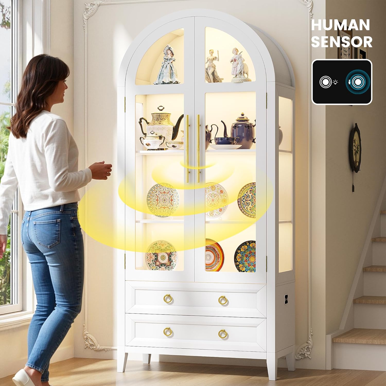 LVSOMT 71" Tall Arched Storage Cabinet with Glass Doors and Drawers, Curio Display Cabinet with Adjustable LED Light & Human Sensor, 4-Tier China Cabinet for Living Room(White)