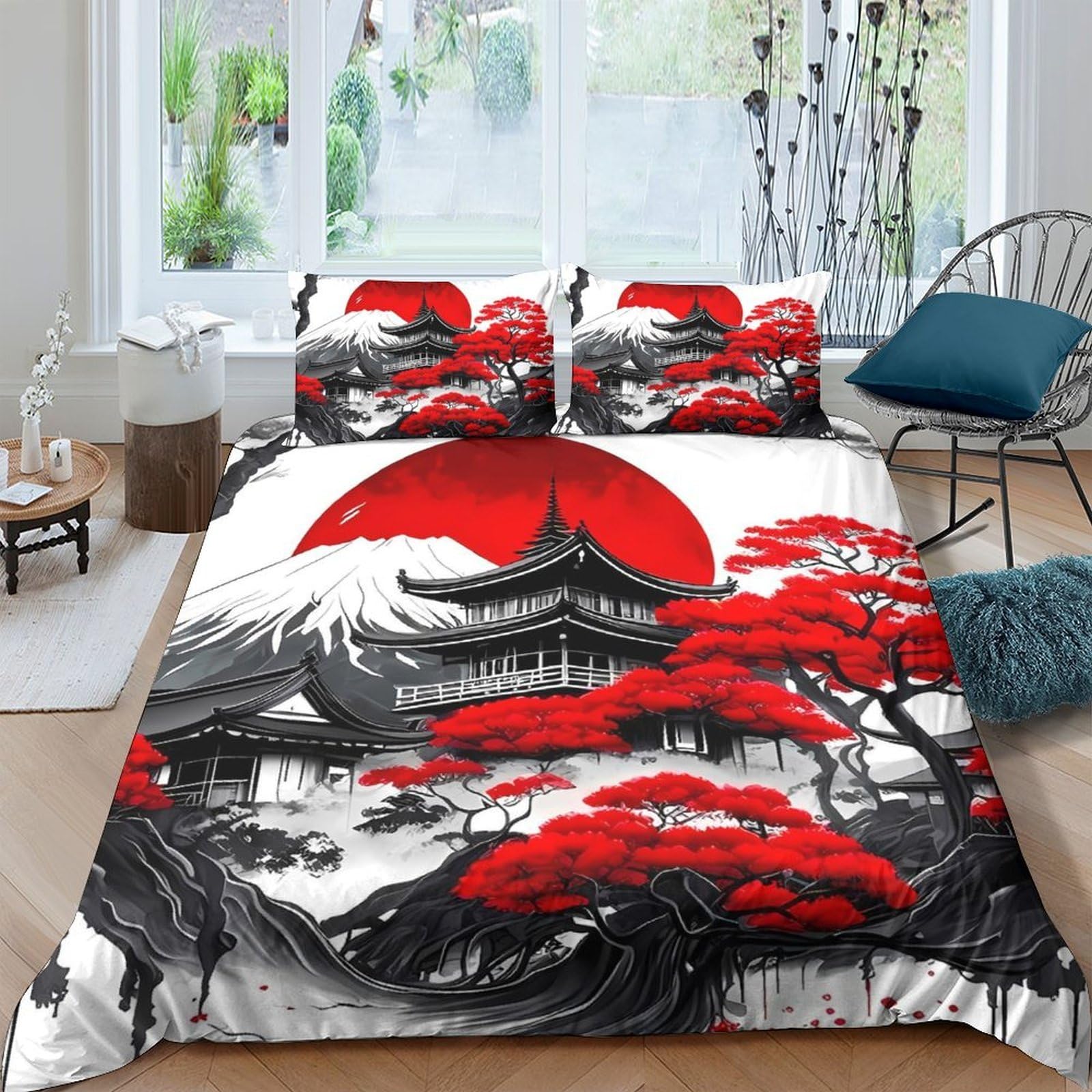 GPLZQXKJNH 3D Printed Japanese Temple Duvet Cover Microfiber Soft Breathable Red Sunset Bedding Set with 2 Pillowcases for Bedroom Decor Single（135x200cm）
