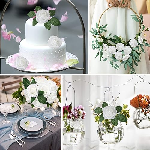 Miniatura 4 de AmyHomie Juego de flores artificiales y rosas blancas, 25 rosas falsas de aspecto real con tallo para ramos de boda, centros de mesa, arreglos de