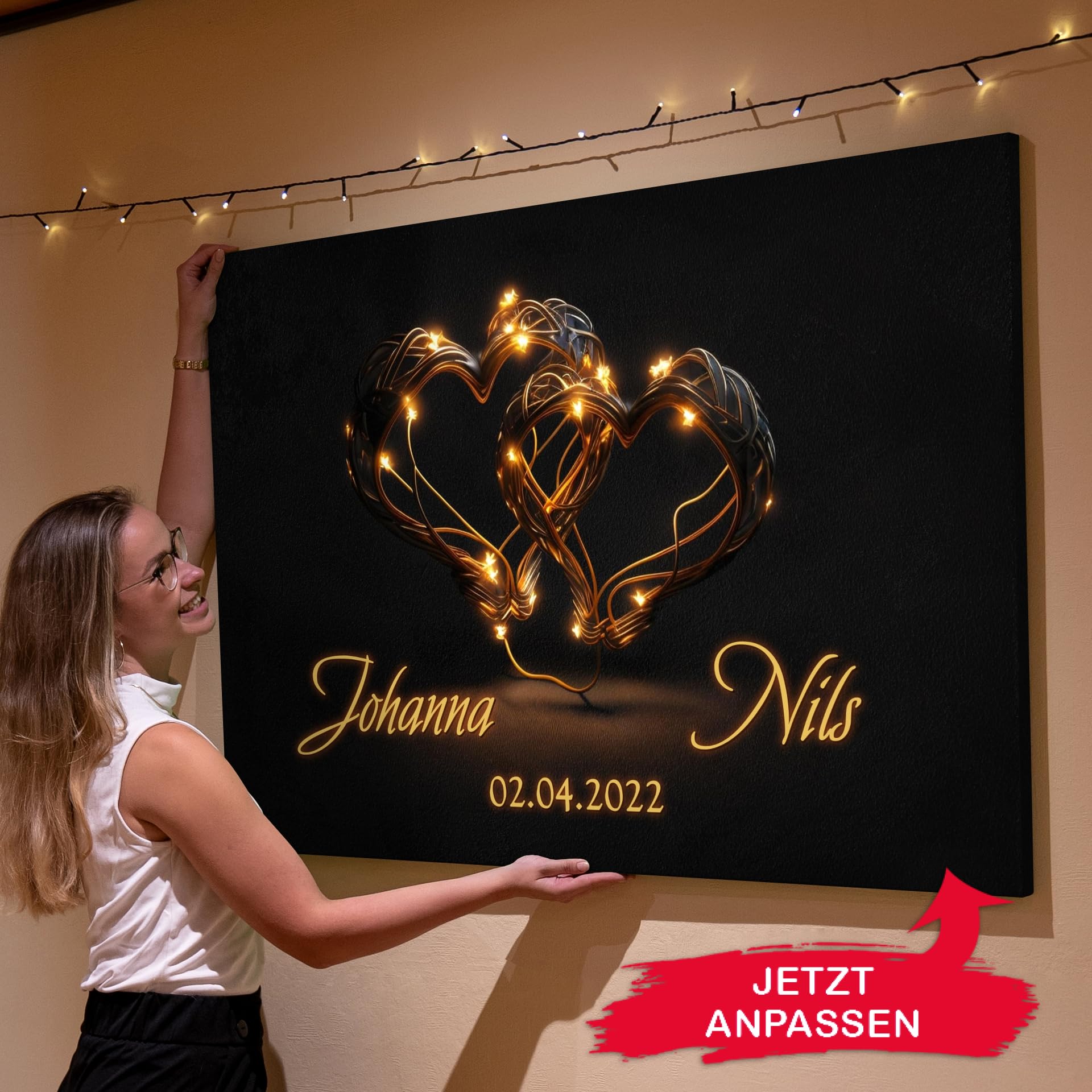 Liebesleinwand Individuelles Wandbild Blinkende Herzen | Jahrestag, Hochzeitstag Geschenke für Frauen | Leinwand mit Namen und Datum gestalten
