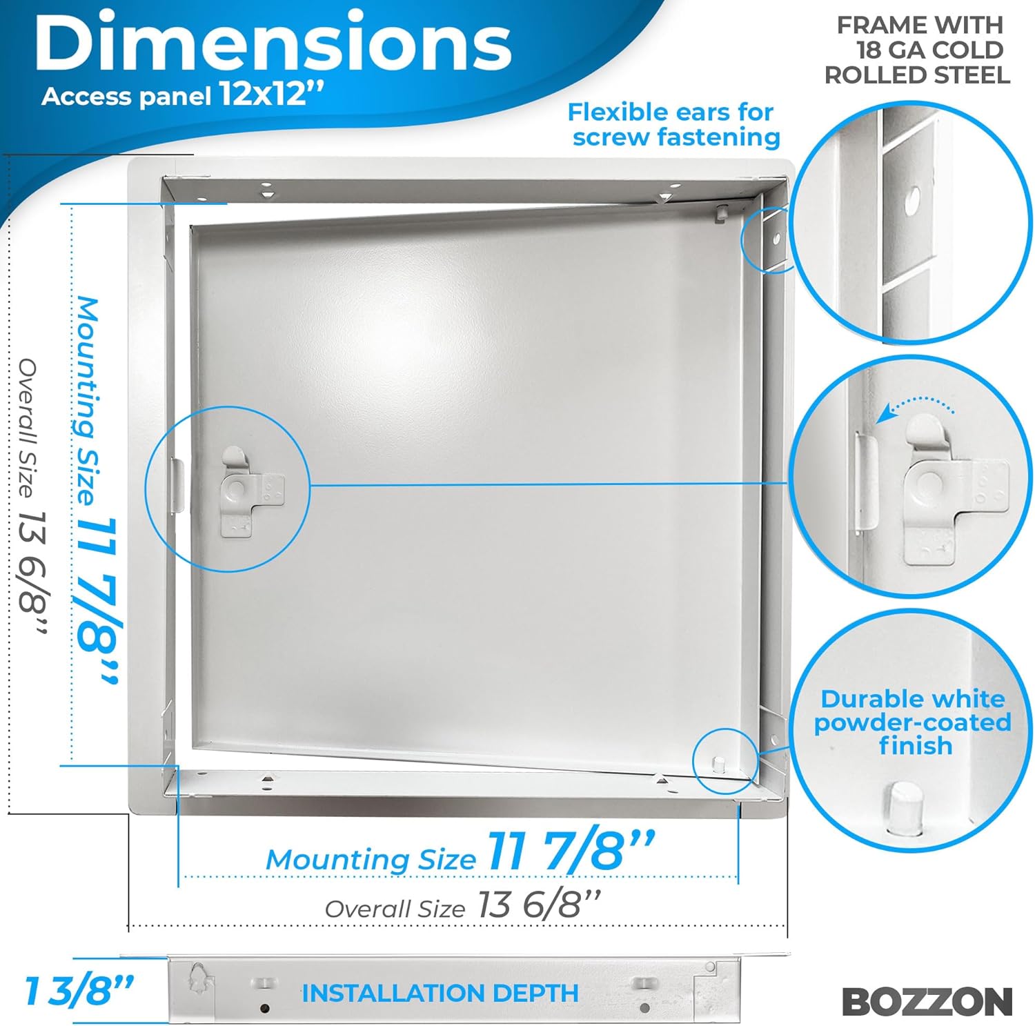 BOZZON Access Panel for Drywall 12 x 12 inch – Metal Door with Screwdriver Latch, 18 GA Steel Frame, Wall Hole Cover, Plumbing Access Door, White 12 x 12 Latch Screwdriver Operated Latch