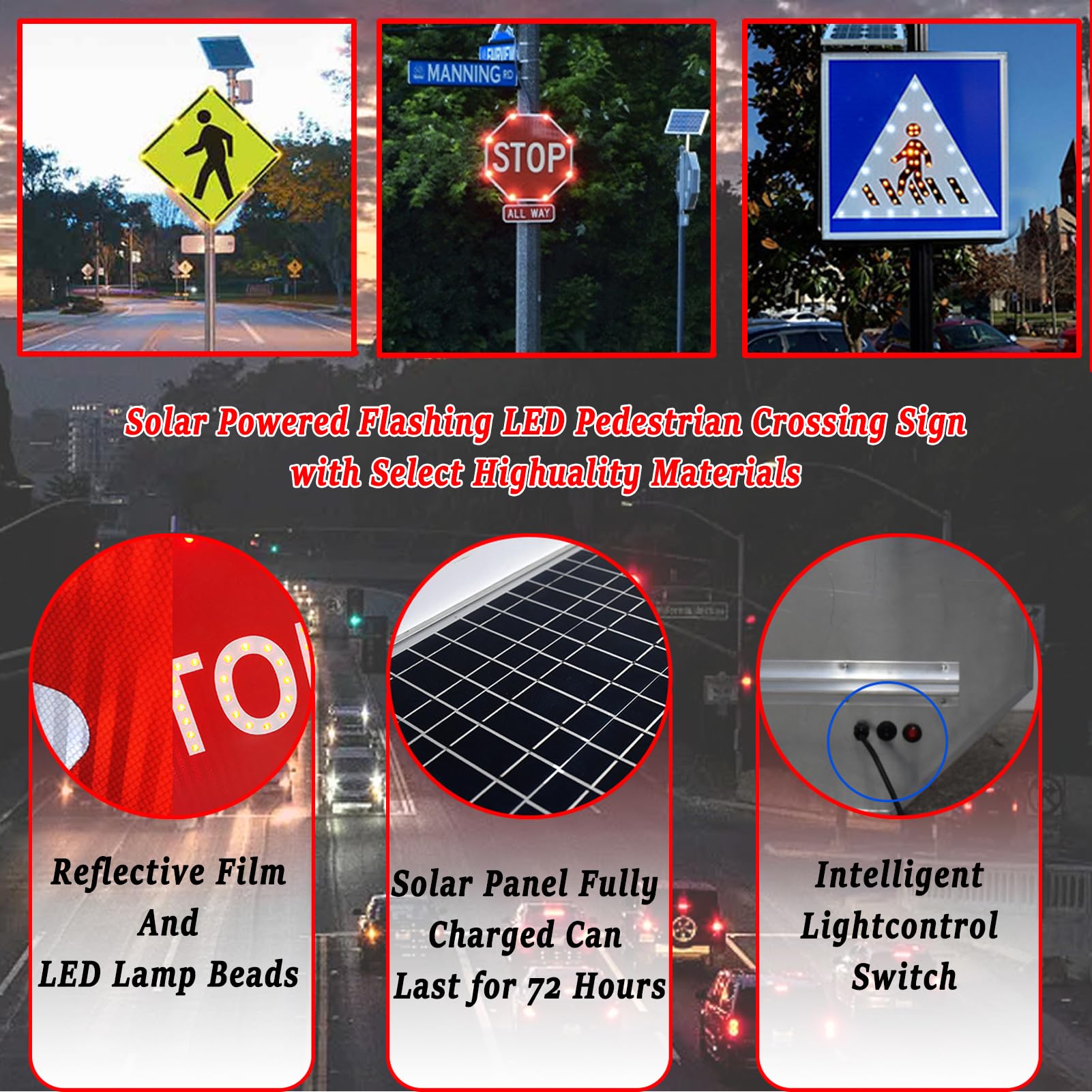 Señales De Carretera De Aluminio, Energía Solar, Lámpara Led De Alto Brillo, Parpadeo Led, Marco De Metal, Película Reflectante De Grado De Ingeniero, Luz De Advertencia De Tráfico Peatonal
