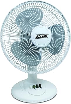 EZ-Chill 12 3-Speed Oscillating Table Fan with Adjustable Tilt, Convenient Push Button Controls, Quiet Operation, White, SB-MTSH05