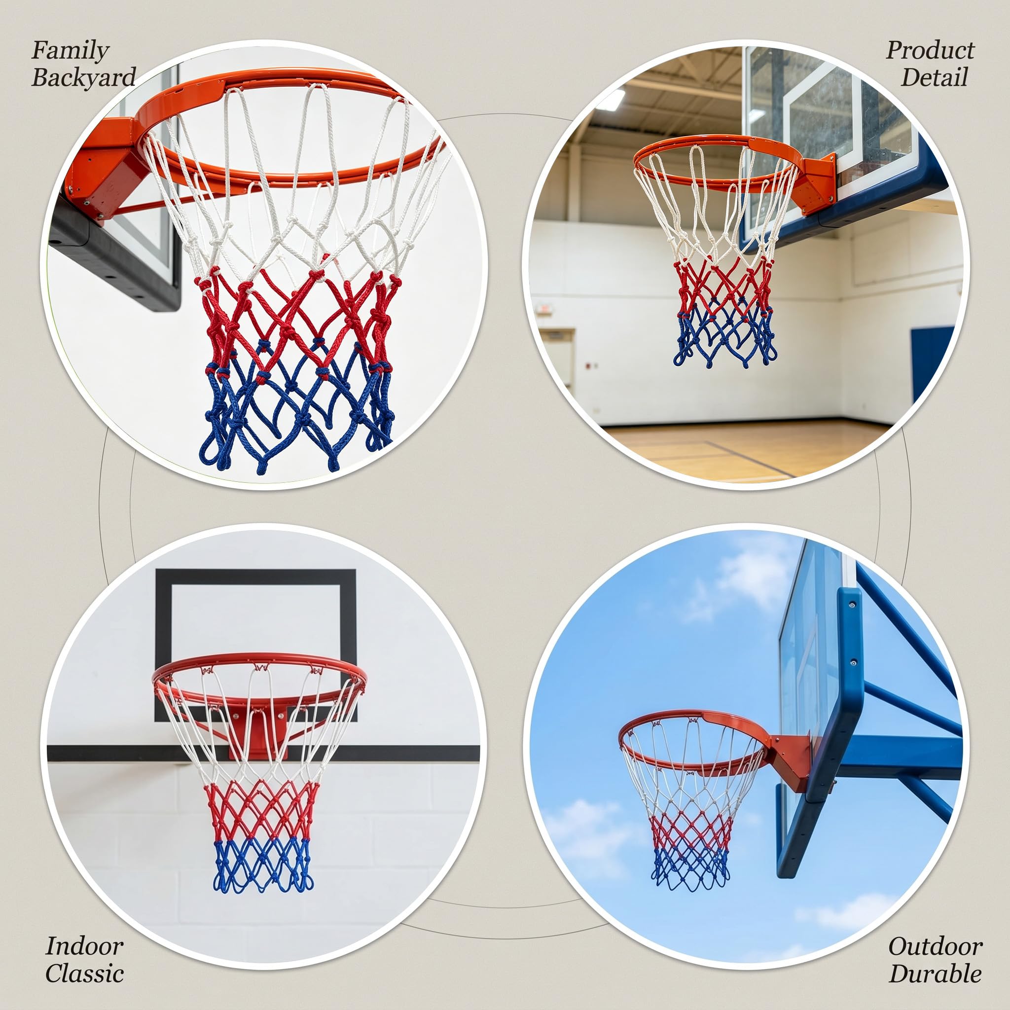 2 Stück Basketballnetz,Basketball Netz für Basketballkorb Ersatz,12 Schlaufen 3 Farbig Nylon Basketballnetz zum Standard Größe Die Innen und Outdoor Basketball Korb Zubehör