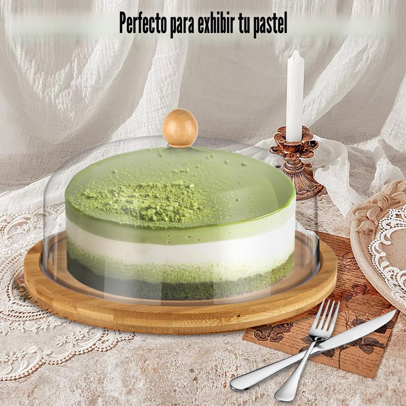Soporte para tartas con tapa de cúpula, plato de bambú de 10 pulgadas con tapa, soporte transparente para tartas con cúpula acrílica para cumpleaños, bodas y fiestas