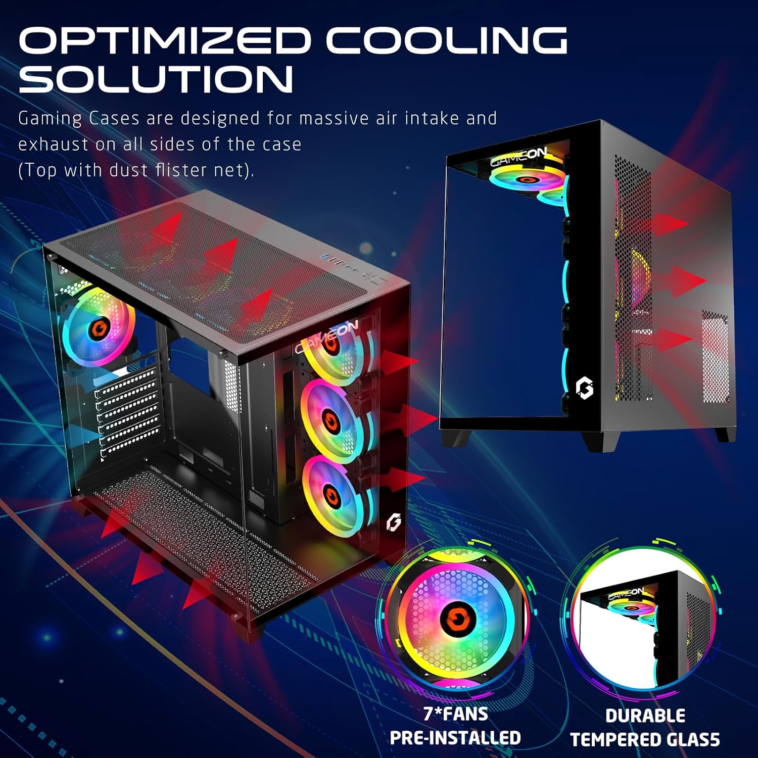 Diagram showing airflow and fan placement in the GAMEON Emperor Midnight Series PC Gaming Case