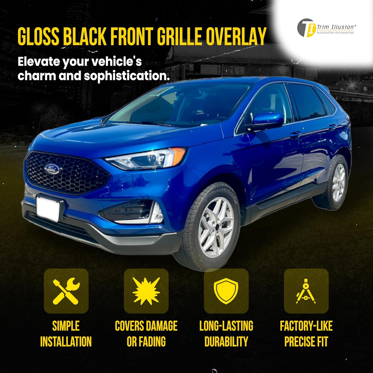 Gloss Black Front Grille Car Grill Cover Insert Trim Overlay Guard compatible with Ford Edge 2019-2024, ABS6525BLK