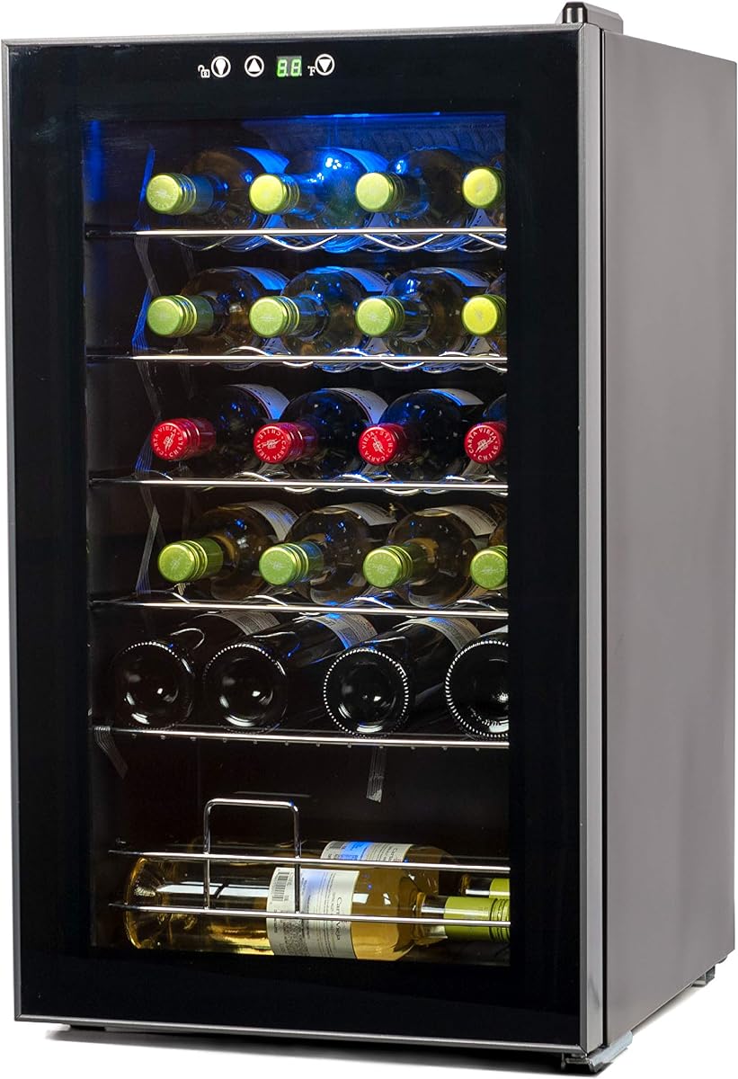 Nevera para vinos de 24 botellas, refrigeración por compresor, BD61526 | Luz interior y control electrónico de temperatura, botelleros y estante plano, enfriador de botellas con compartimento inferior