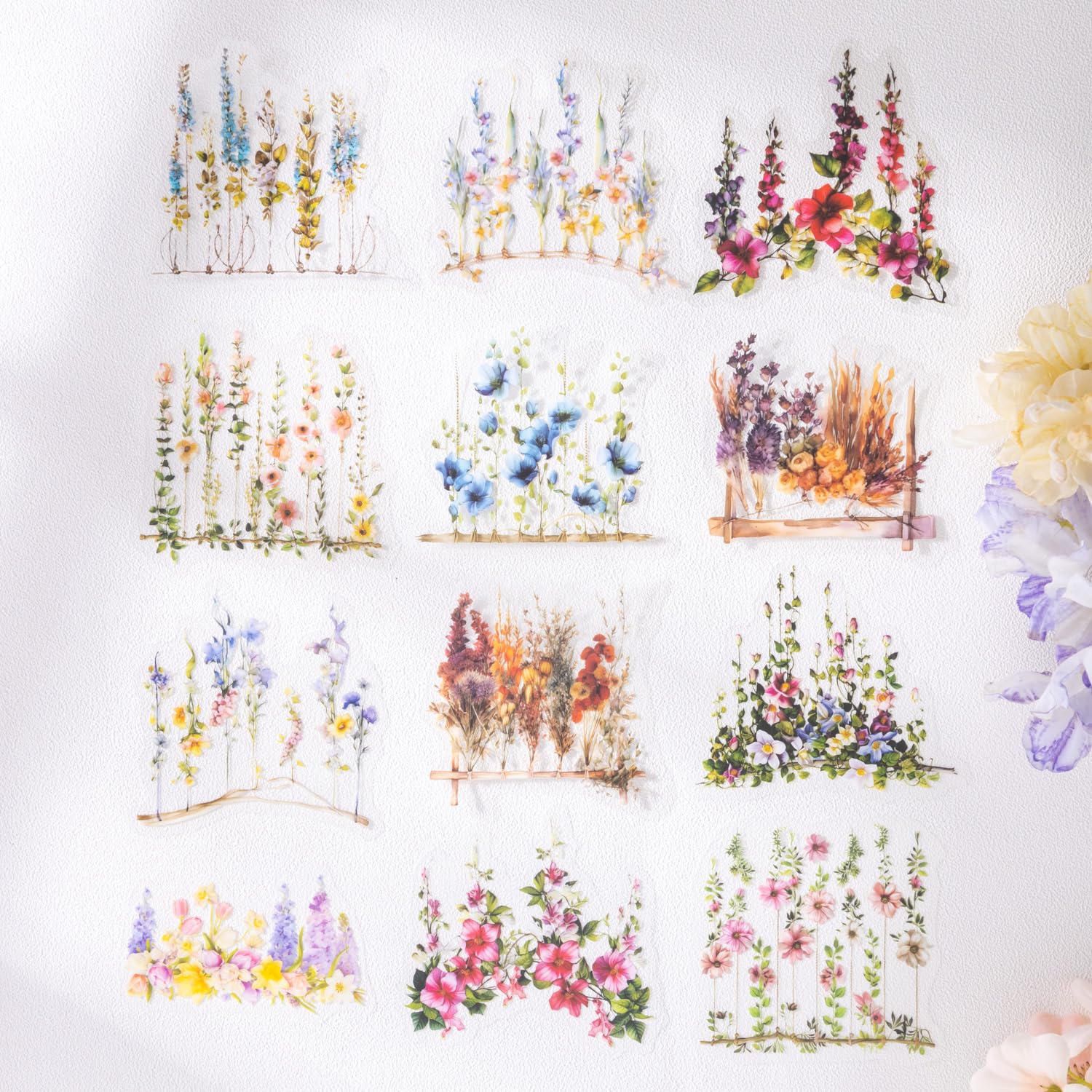 Zestaw wiszących kwiatowych naklejek PET, 60 szt., botaniczne naklejki kwiatowe do scrapbookingu, dziennika, majsterkowania i materiałów artystycznych