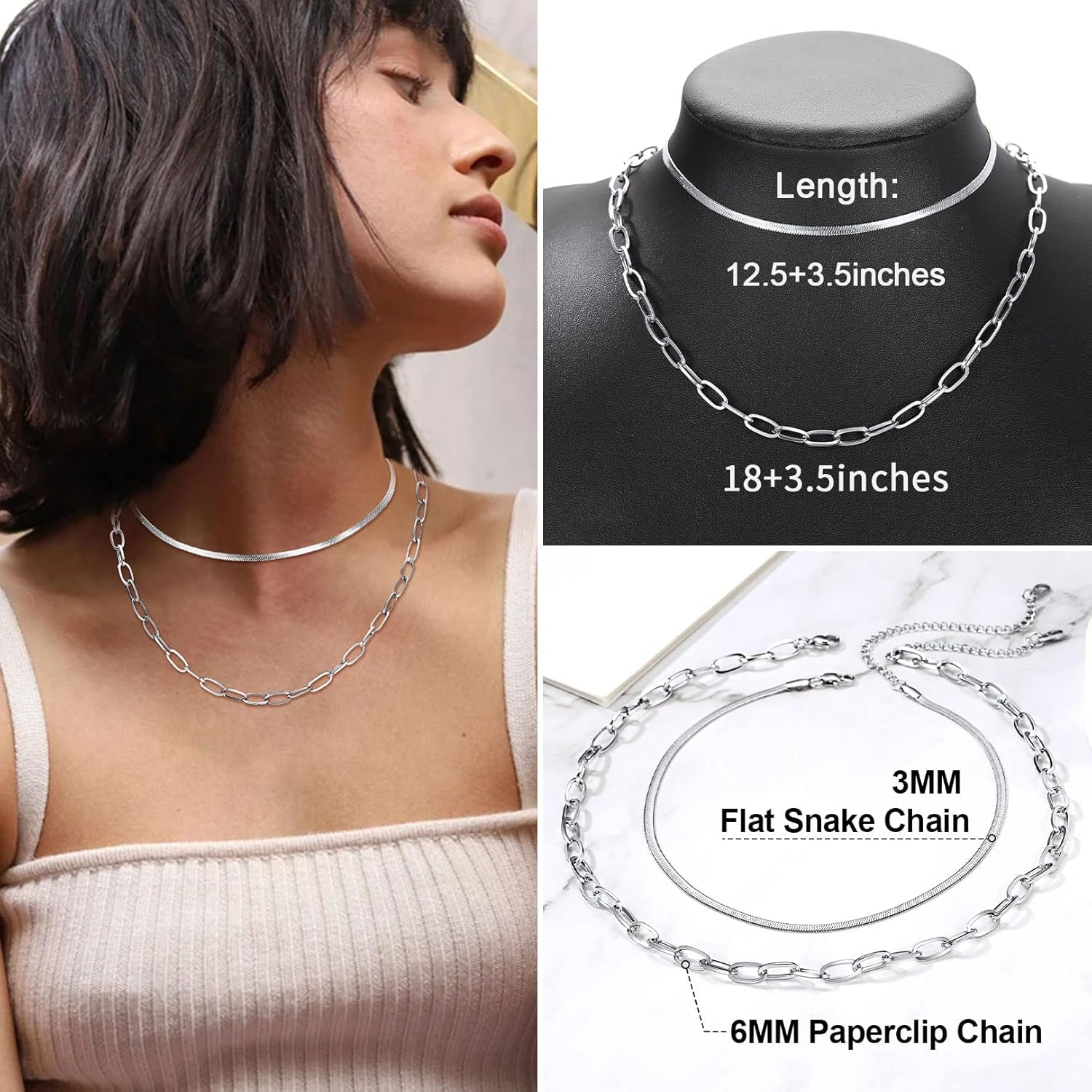 FOCALOOK 14K Gold Plated Necklaces for Women, Fashion Herringbone Choker Necklace Stainless Steel Flat Snake Chain 3/5MM(W) 12.5"/15"/18"+3.5"(L) - Image 3