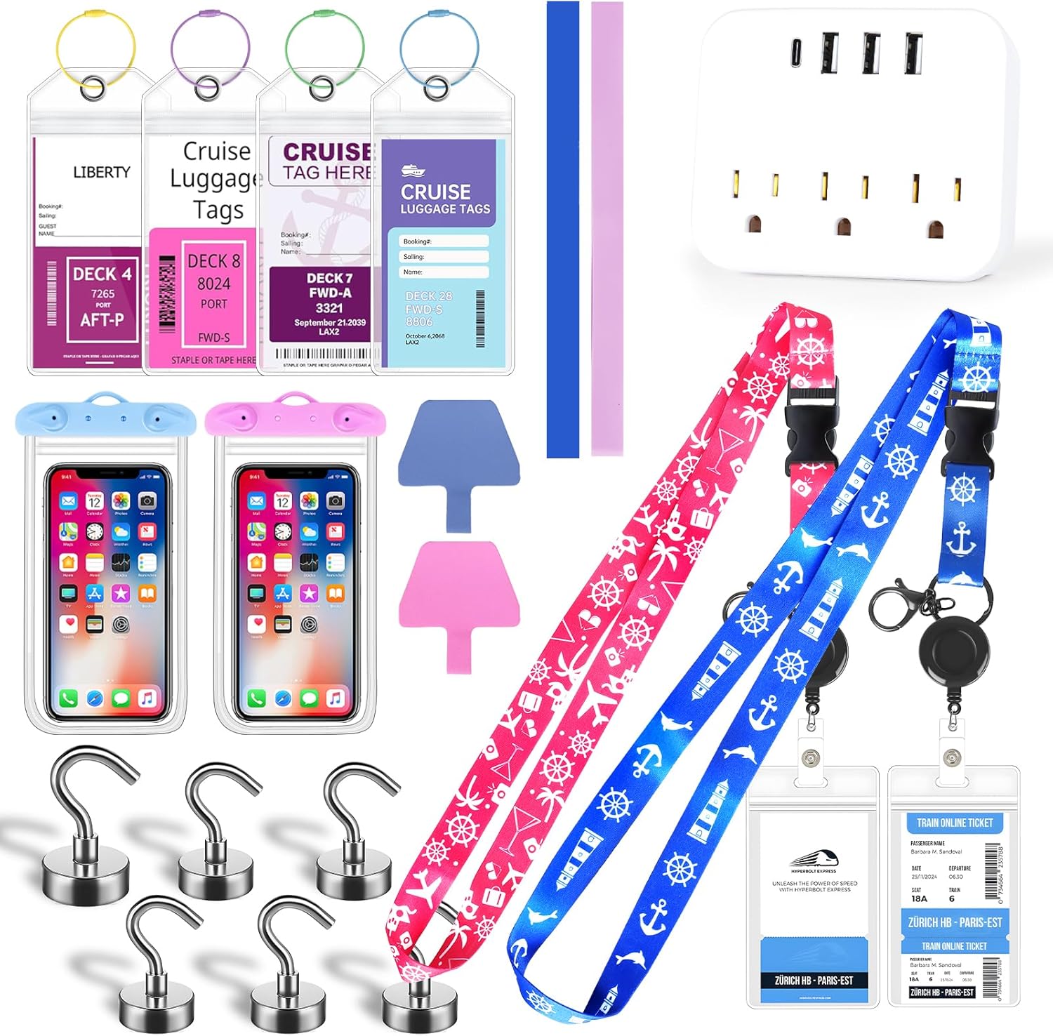 Cruise Essentials 2026, Cruise Must Haves Including Non-Surge Power Strip, Magnetic Hooks, Cruise Luggage Tag Holder, Lanyard Holder, Towel Bnad, Phone Pounch, Phone Patches - Travel Essentials