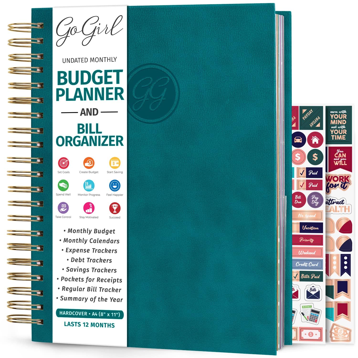 GoGirl Budget Planner & Monthly Bill Organizer – Monthly Financial Book with Pockets. Expense Tracker Notebook Journal, Large (Dark Teal)