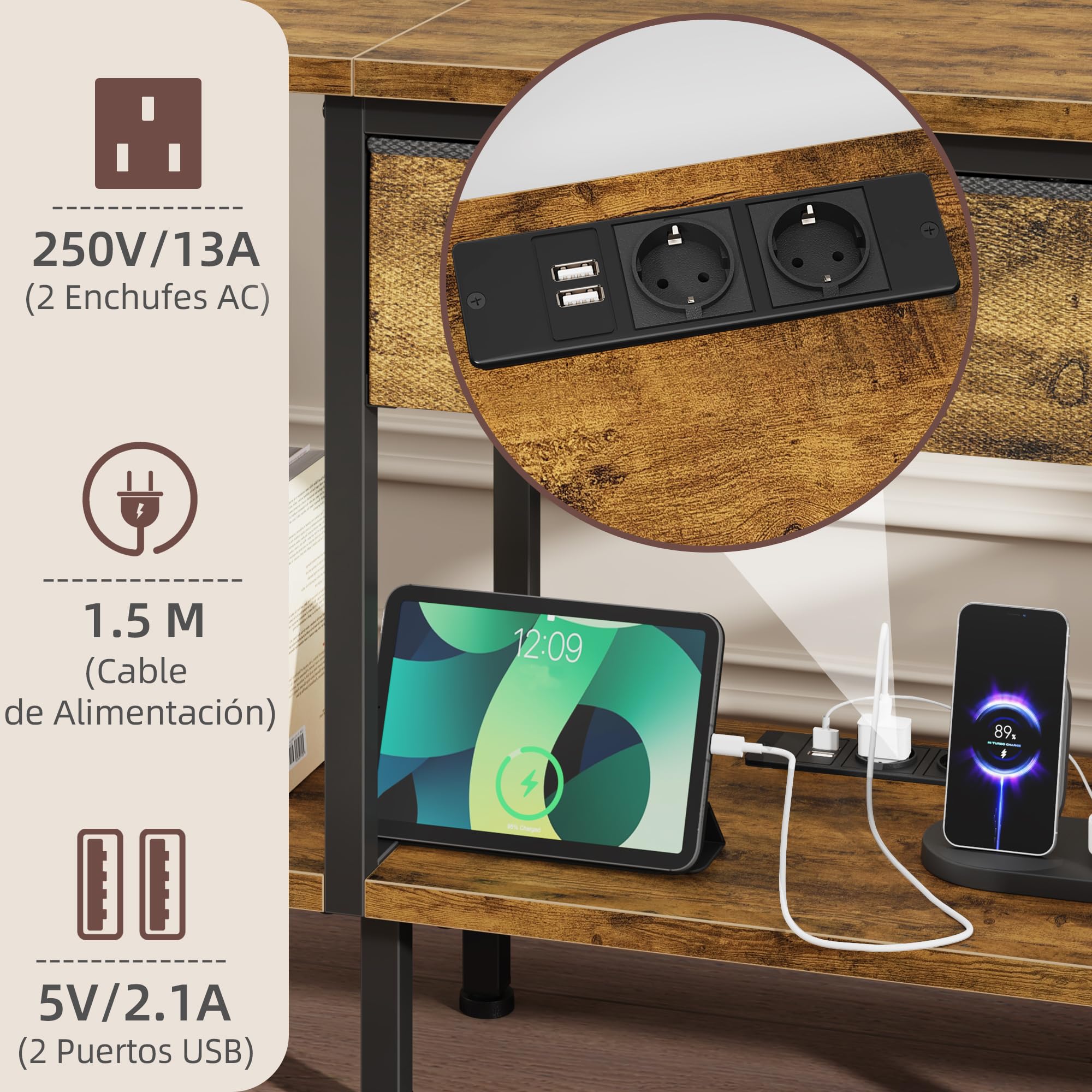 Mueble de TV con Enchufe, Mesa Television con Iluminación LED, Cajón de Tela y Estantes, Mueble Bajo Salon de 140 cm para TV de hasta 65″, para Sala de Estar y Dormitorio, Marrón Rústico