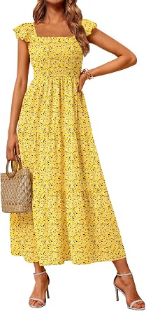 LILLUSORY Womens Square Neck Floral Ruffle Sleeve Maxi Dress 2026 Smocked Boho Vintage Sundress with Pockets