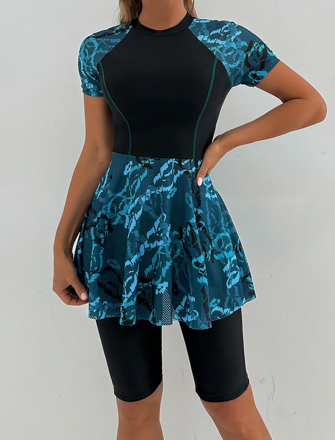 ABAFIP Women's Rash Guard Short Sleeve Swimdress Bathing Suit with Shorts 2PC Floral Print Modest Swimwear - Image 6