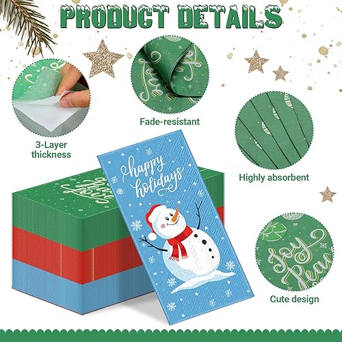 Miniatura 3 de Honoson 120 servilletas de papel de Navidad, toallas de mano de papel desechables para invitados, baño, muñecos de nieve, árbol de Navidad, copos de