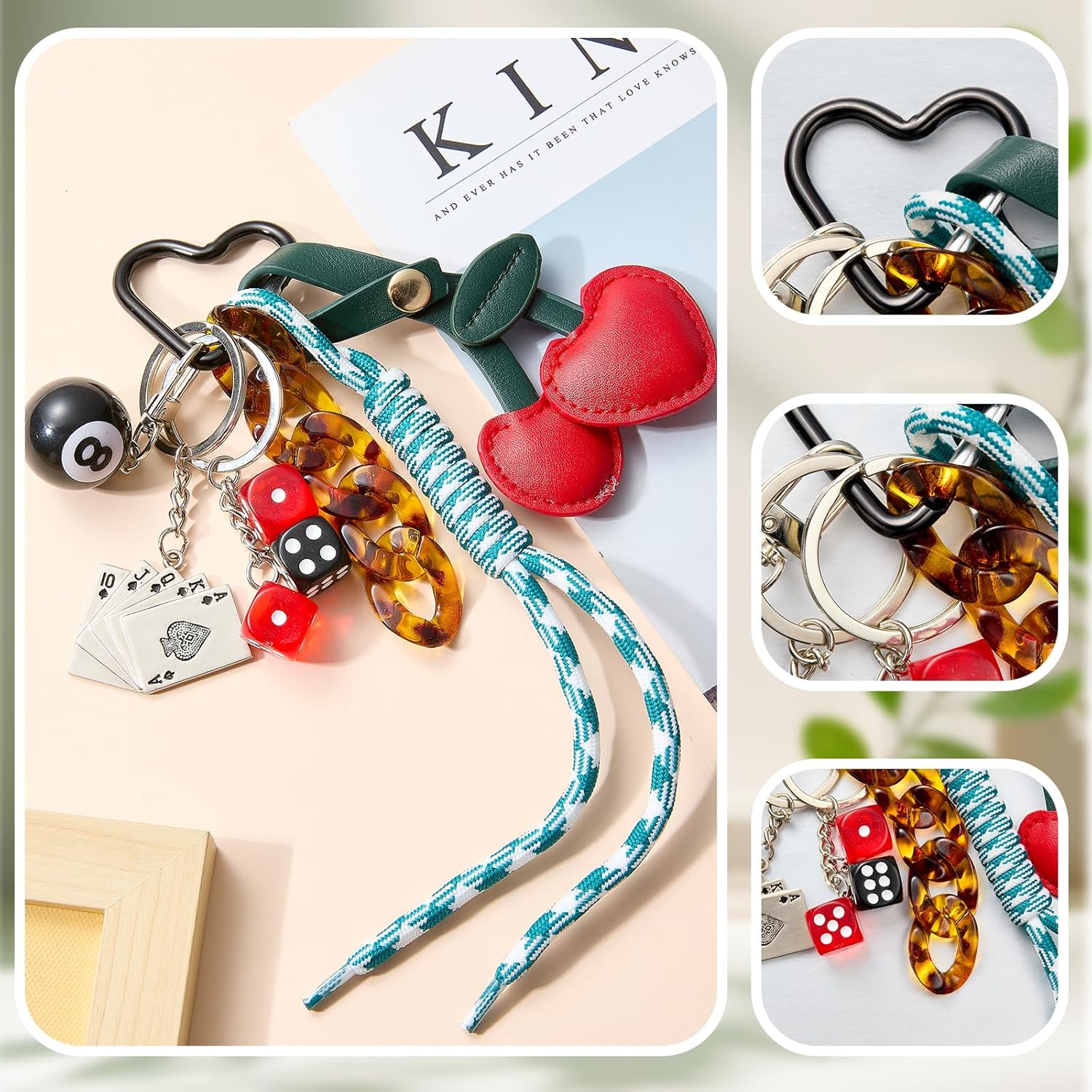 Designer Rope Bag Charm Cherry Purse Charms for Handbags 8 Ball Keychain for Backpacks Wallets Car Key Accessories - Image 3