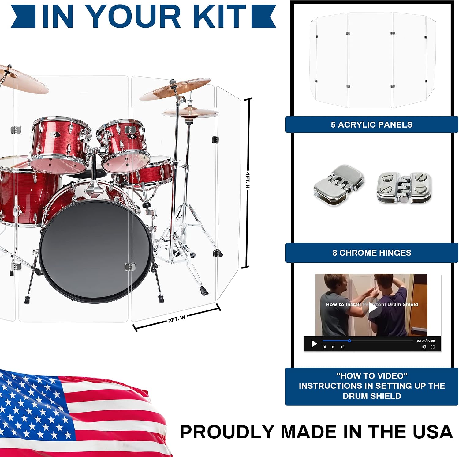 PENNZONI 5ft Drum Shield w/Chrome Hinges, Comes w/ 5 Drum Panels, & Chrome Hinges, Premium Clear Acrylic Panels, Drum Screen