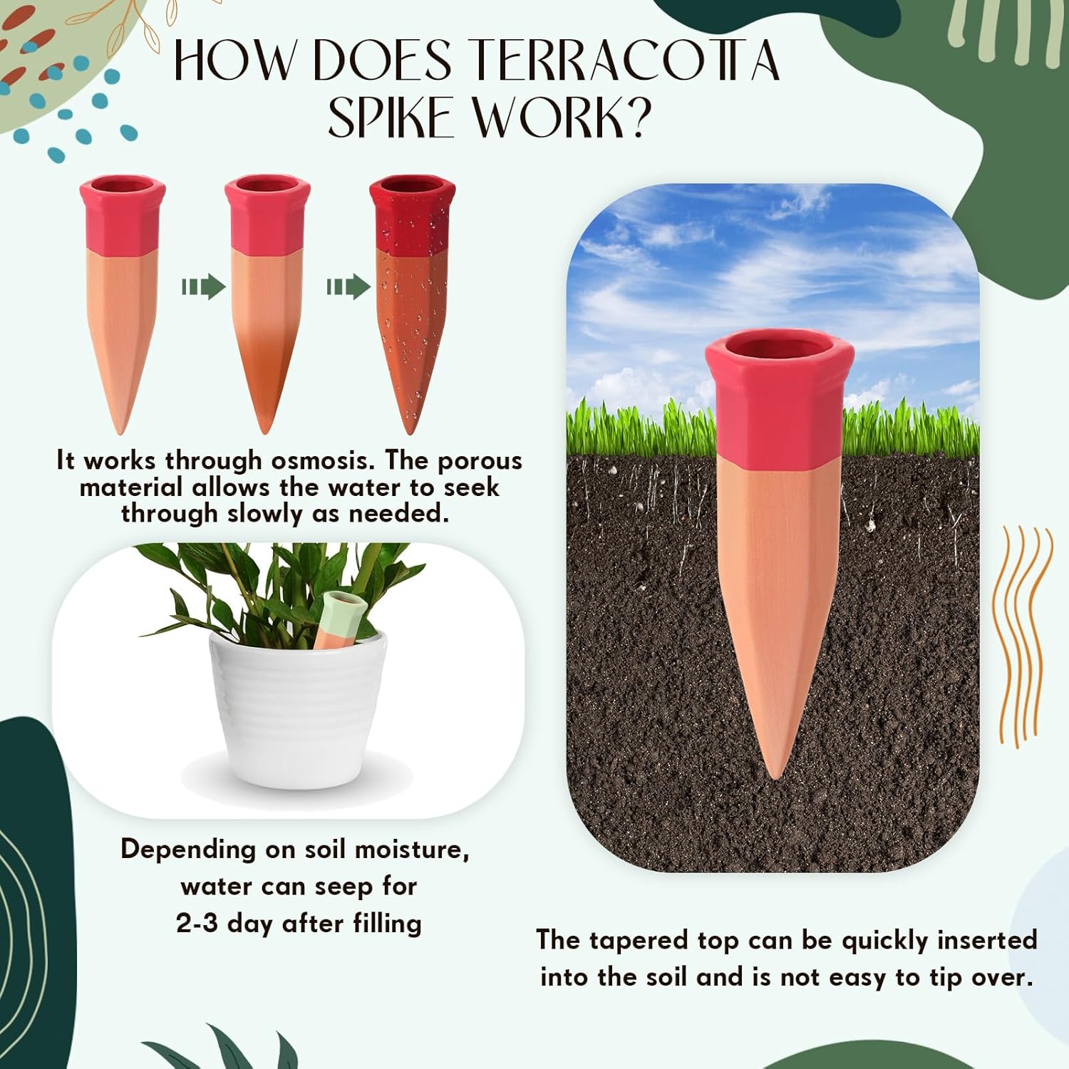 Baderke 16 Pcs Terracotta Watering Spikes Colorful Automatic Self Watering Stakes Slow Release Vacation Plant Waterer Devices for Indoor Outdoor Plants