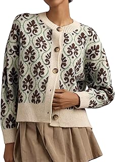 Women Floral Cardigan Sweater Open Front Long Sleeve Button Down Knit Sweater Vintage Outerwear