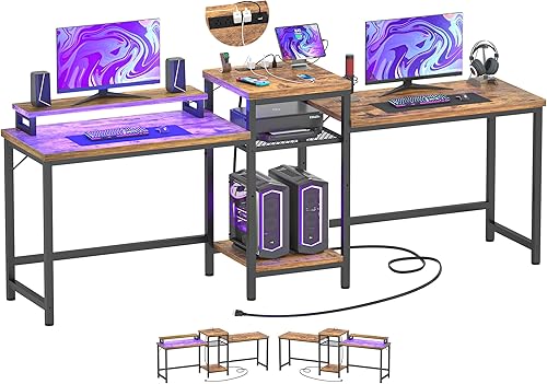 Unikito Escritorio doble con toma de corriente, escritorio para 2 personas con estantes de almacenamiento abiertos y soporte para impresora,