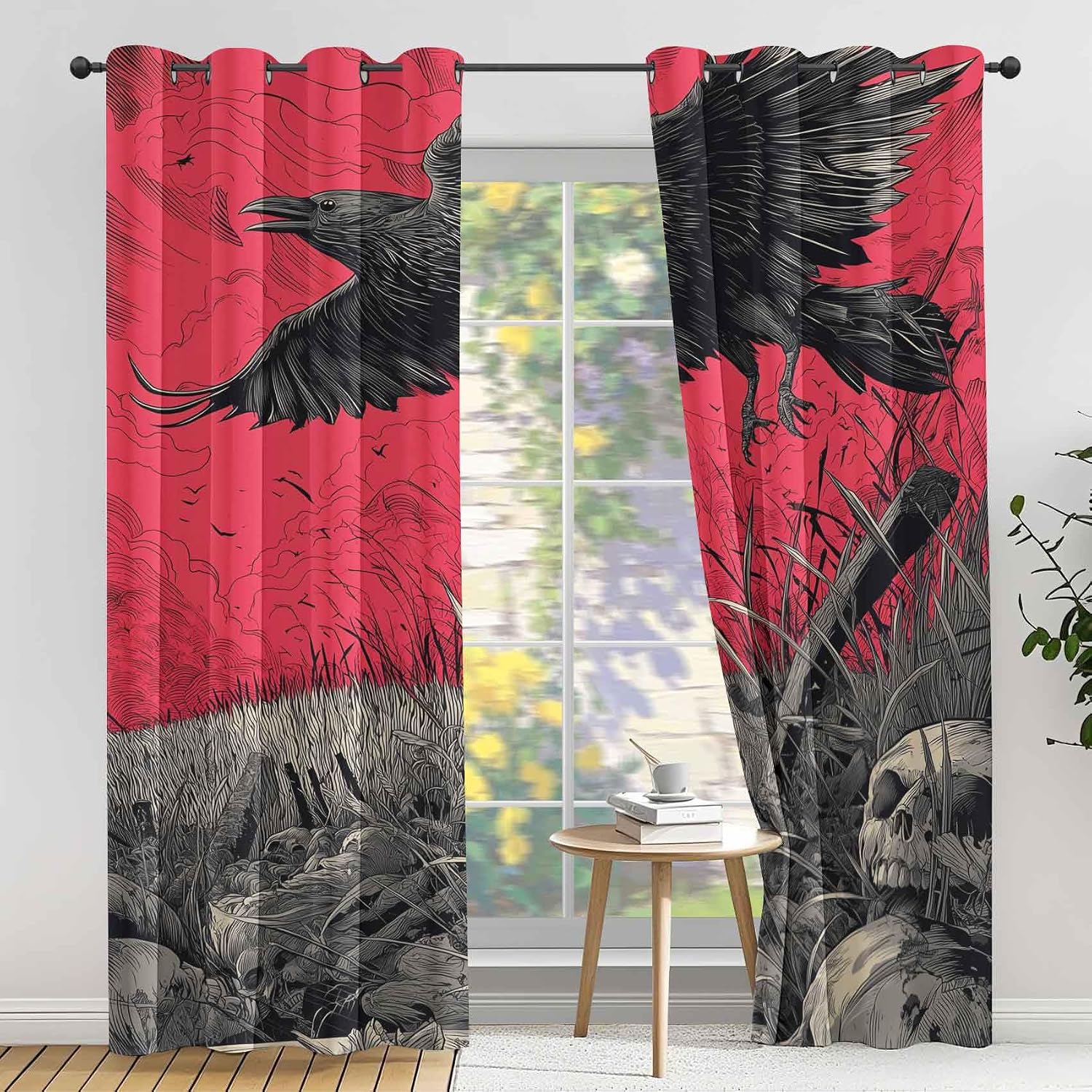 Horror Skull Blackout Curtains 39 Inches Long, Gothic Black Crow Curtains for Kitchen Windows, Halloween Drapes, Grommet Window Curtain 27.5 x 39 Inch
