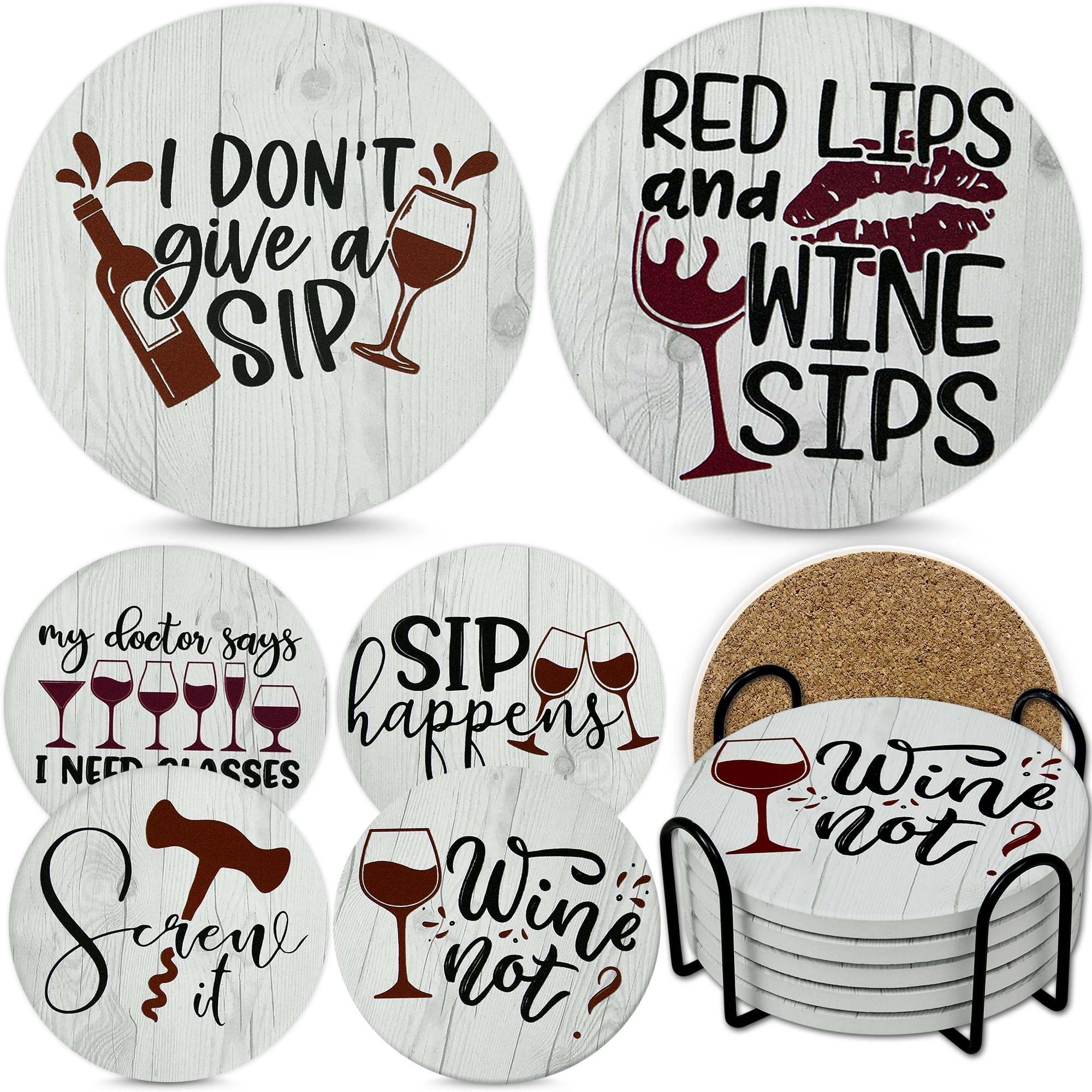 Wine Gifts for Women Coasters Set of 6,House Warming Gift Drink Absorbent Coasters with Holder, Coffee Table Decor Ceramic Stone Coaster for Wine