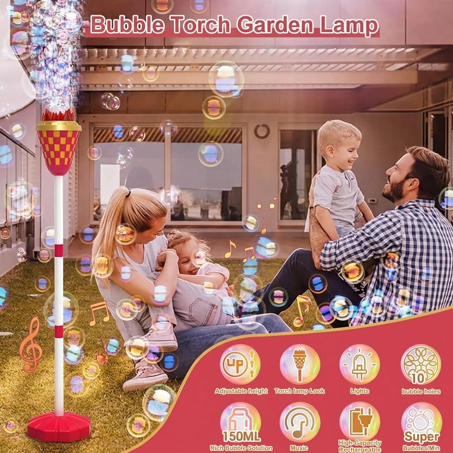 Standing Bubble Machine with Lights & Music, 47" Automatic Bubble Torch Garden Lamp for Outdoor Night time, Light Up Bubble Machine with Adjustable Pole, Family Gathering Gifts (Red)