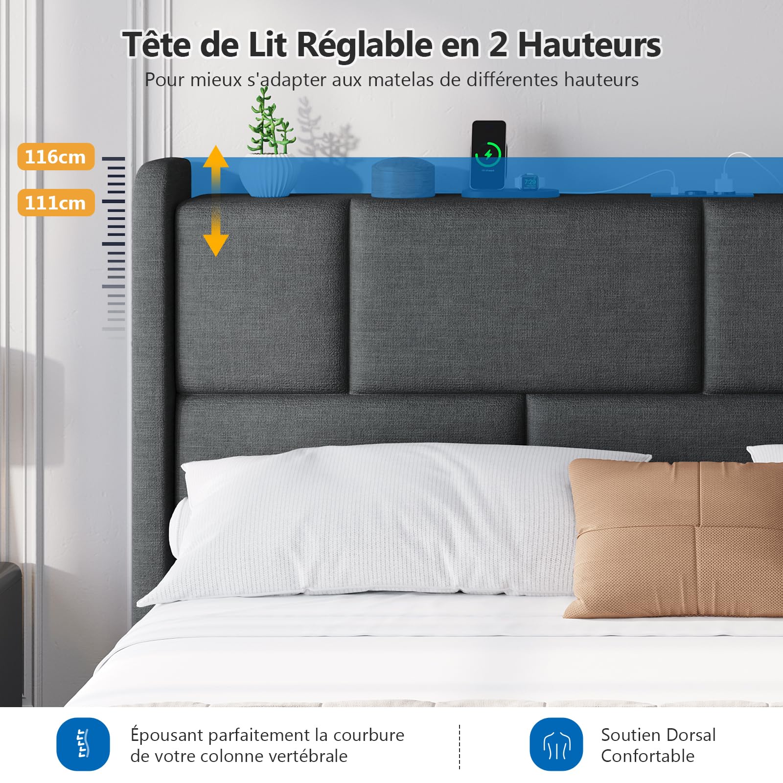 Brinlawb Lit Coffre 160x200 cm avec Rangement, système hydraulique, Cadre de lit 160x200 avec sommier et multiprise, lit Double 160x200 cm avec tête de lit réglable en Hauteur, lit 2 Personnes, Gris