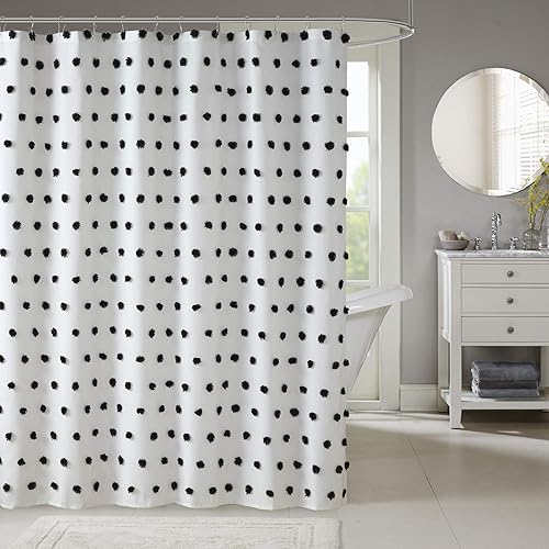 Madison Park Sophie - Cortina de ducha moderna con detalles de pompones texturizados, decoración de baño moderna, lavable a máquina, pantalla de
