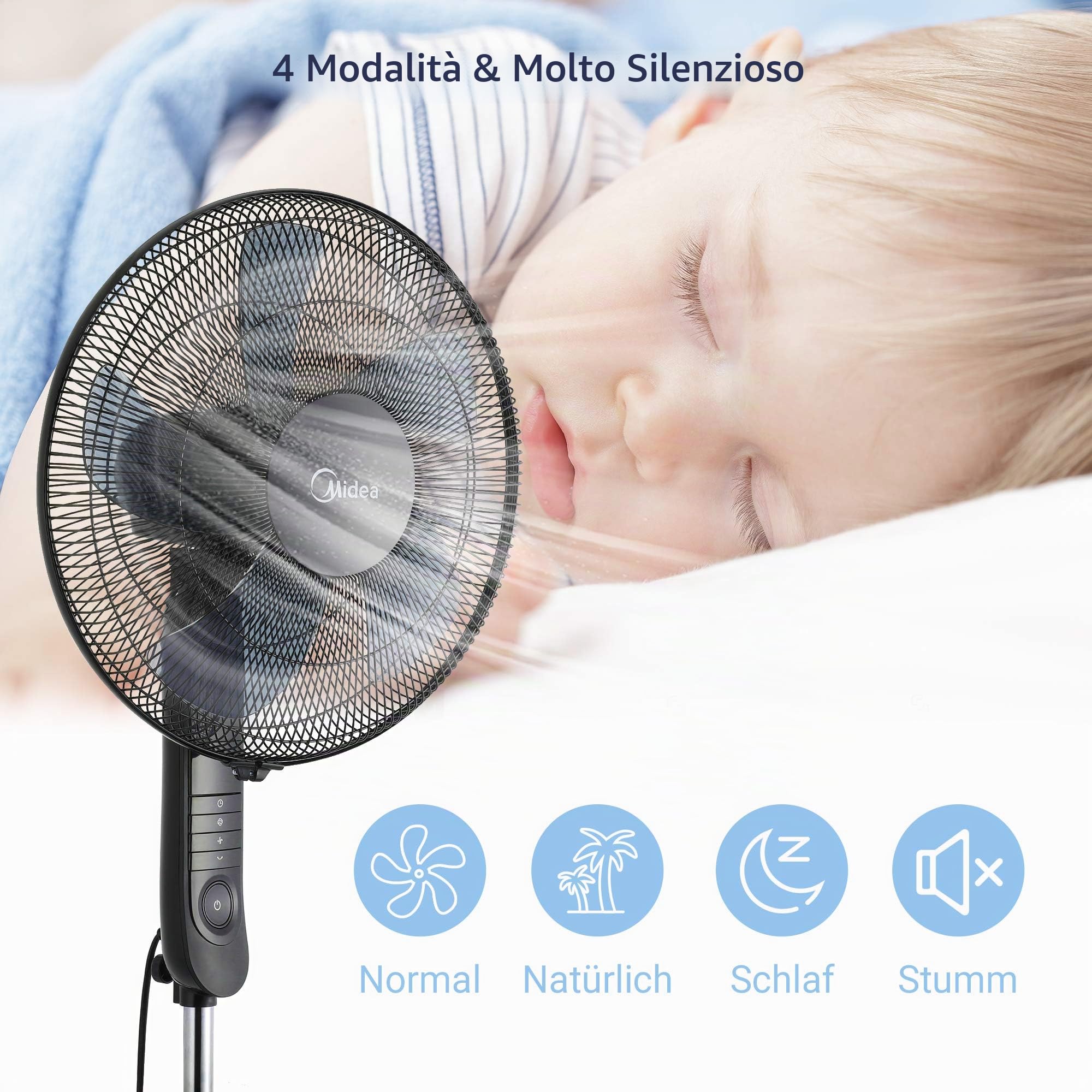Midea FS40-15FR Ventilatore silenzioso con telecomando, 3 livelli di velocità, display LED, timer 7,5H, regolabile in altezza, funzione di oscillazione a 80°, 55 W, più potente, ventilatore
