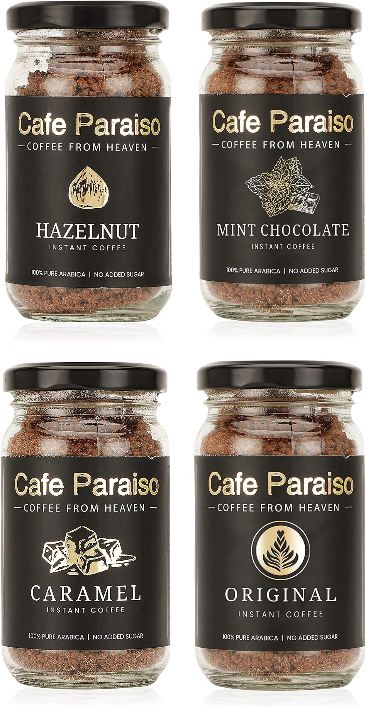 Cafe Paraiso Hazelnut Caramel Mint Chocolate Original | 3+1 Free Pack | Instant Premium Flavored Arabica Coffee | 50g Each | Agglomerated Medium Roasted