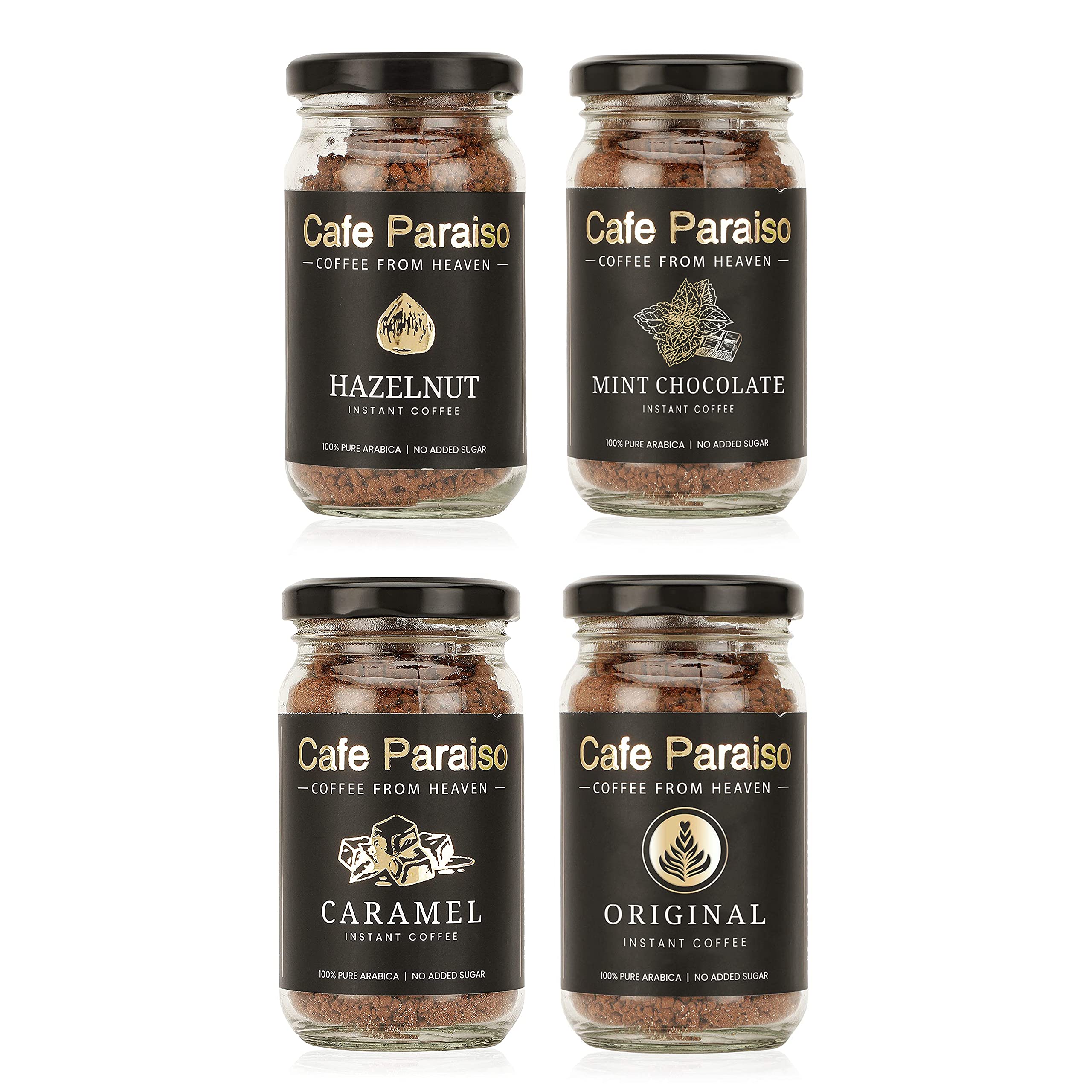 Cafe Paraiso Hazelnut Caramel Mint Chocolate Original | 3+1 Free Pack | Instant Premium Flavored Arabica Coffee | 50g Each | Agglomerated Medium Roasted