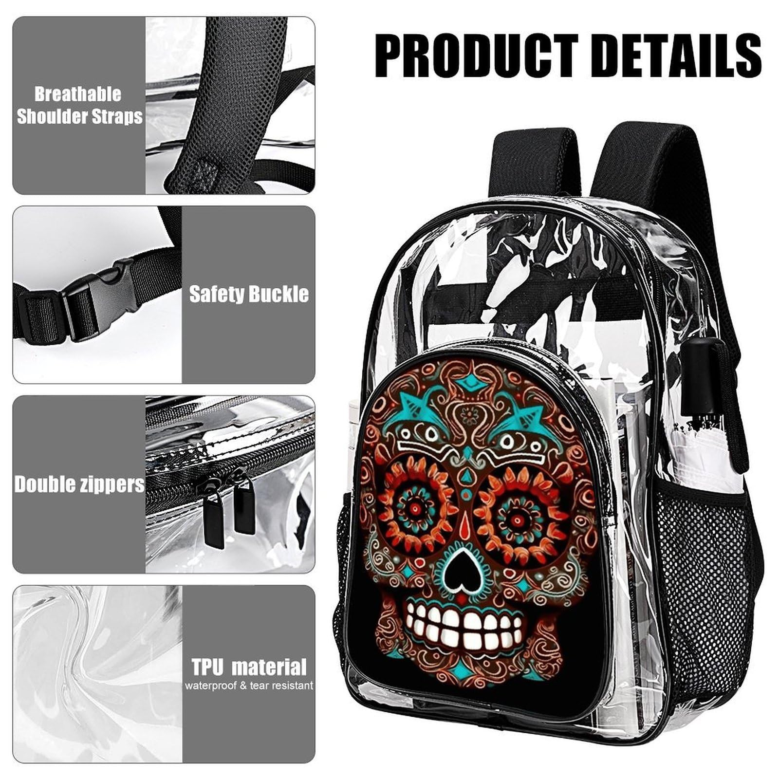Sugar Skulls Day of the Dead Transparenter Rucksack, groß, transparent, PVC, Büchertasche für Sicherheit, Arbeit, Reisen, Stadion