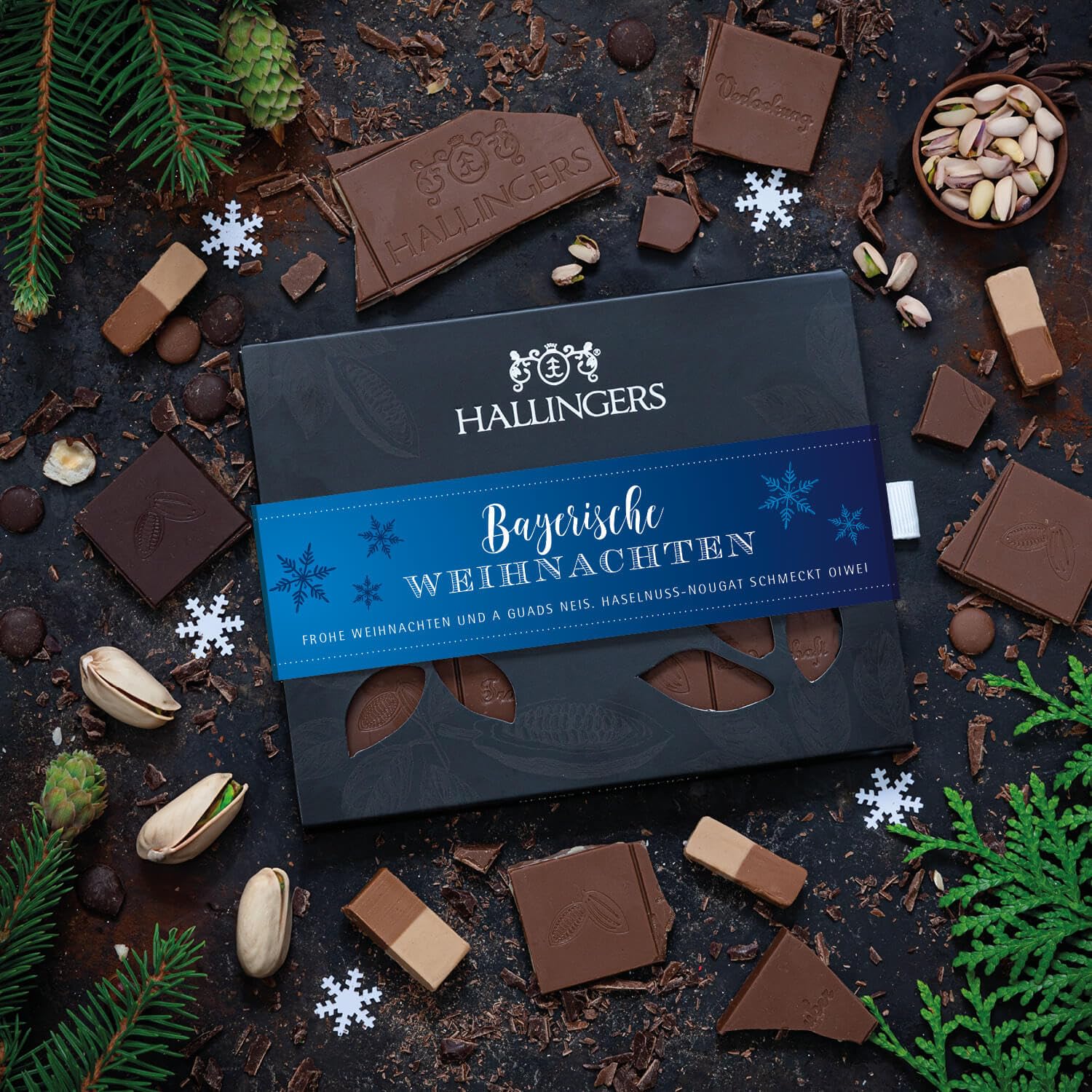 Hallingers Genuss Manufaktur Schokolade Weihnachts-Geschenk - Tafel Edelkakao handgeschöpft ohne Alkohol edler Karton 10x "Bayerische Weih..." Haselnuss, Weihnachten für Frauen Männer