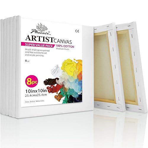 PHOENIX Square Canvas for Painting - 10x10 Inch/8 Value Pack, 8 Oz Triple Primed 5/8 Inch Profile 100% Cotton White Blank Canvas, Stretched Framed Canvas for Oil Acrylic - 10"x10" - Studio Set (8 Oz.)