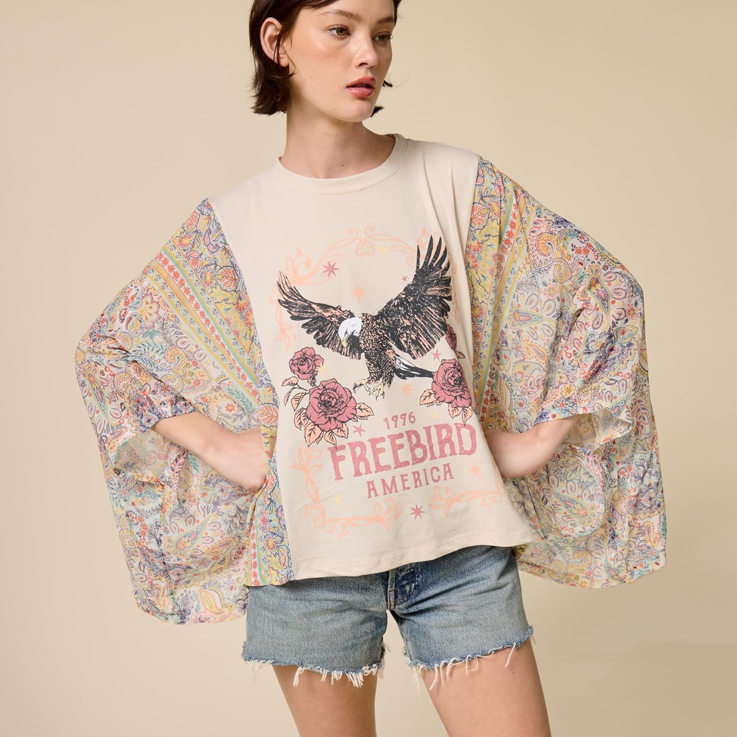 Women’s Boho Western Graphic Top – Flowy Fit, Oversized Poncho Tee with Statement Sleeves