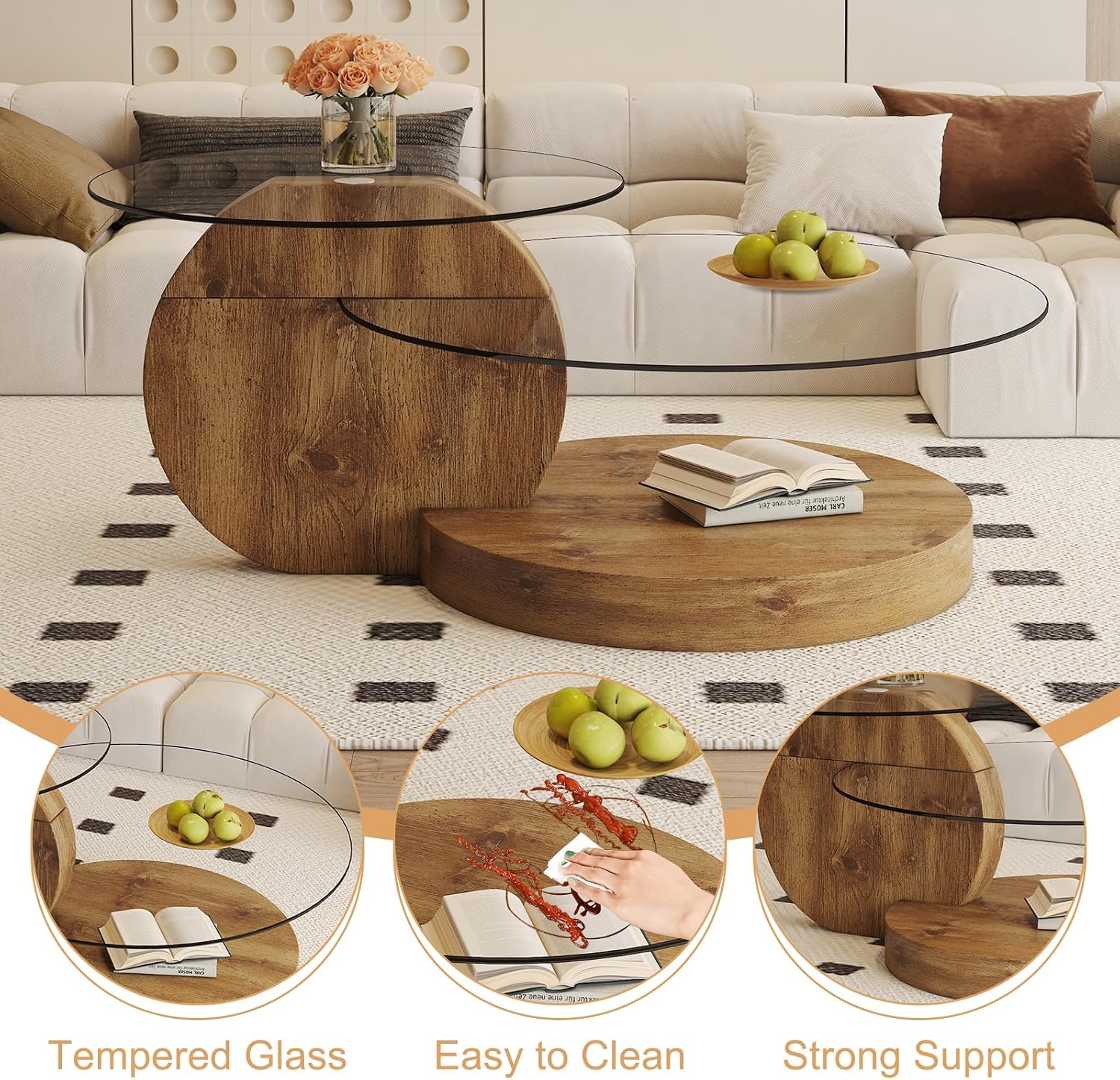Glass Coffee Table 3 Tier Round Coffee Tables Tempered Clear Glass Top and Wood Table with Storage Modern Circle Coffee Table for Living Room(42" Wood)