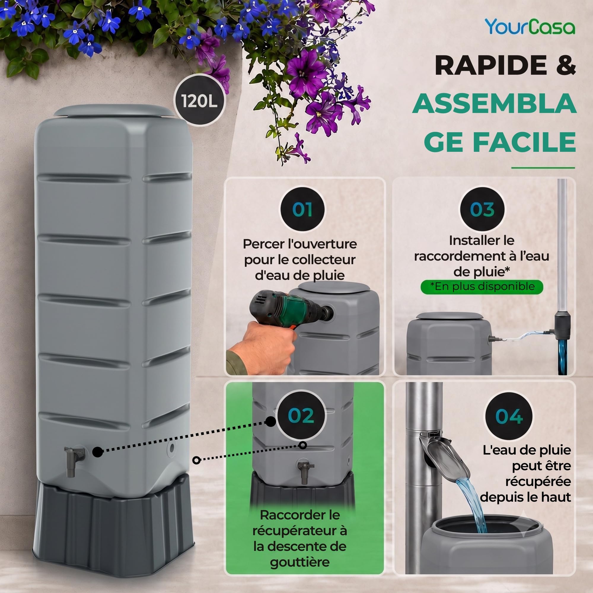 YourCasa Recuperateur d Eau de Pluie [Tower] 120L avec Pied, Couvercle et Robinet – recuperateur Eau de Pluie – récupérateur Eau de Pluie – Réservoir d'eau de Pluie – Reservoir Eau de Pluie (Gris)