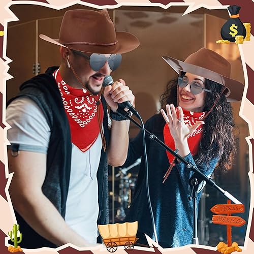 Miniatura 5 de Newcotte El juego de 18 sombreros de plástico de vaquero occidental incluye 6 sombreros, 6 bandanas de cachemira, 6 pares de gafas de corazón para