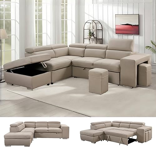 Vista 11 de THSUPER Sofá cama seccional de microfibra de 102 pulgadas en forma de L con cama extraíble y diván de almacenamiento, sofás convertibles con Marrón