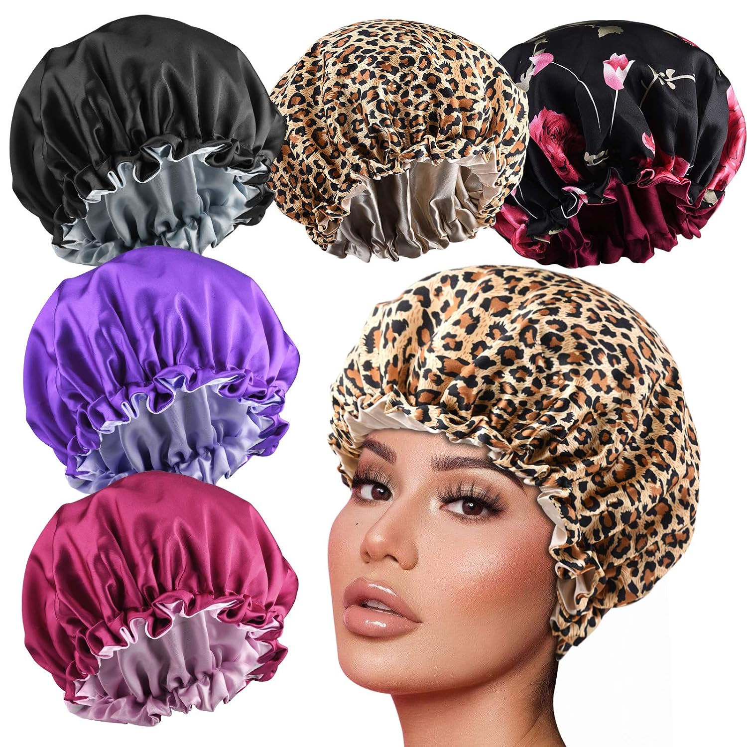 5pcs Drawstring Large Satin Bonnet for Black Women, Double Layer Reversible Silk Hair Cap for Curly Hair Braids,C