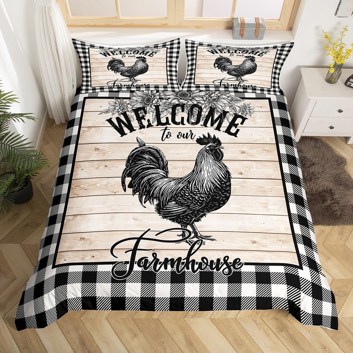 Farmhouse Chicken Duvet Cover Queen for Children,Sunflowers Floral Animal Bedding Set Modern Room Gift,Retro Board Black White Plaid Comforter Cover with 2 Pillowcases, Ultra Soft Bed Spread
