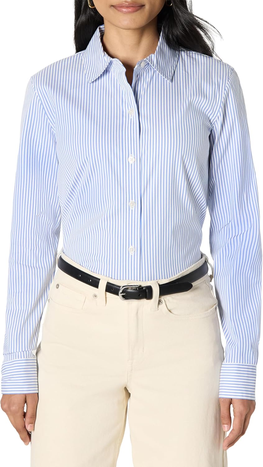 Amazon Essentials Women's Slim-Fit Stretch Poplin Button-Up Dress Shirt