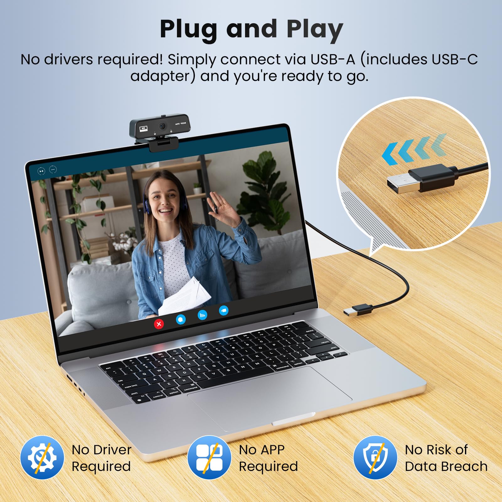 Cámara web 4K Full HD con micrófono, corrección automática de luz, rotación de 360°, cubierta de privacidad integrada, Plug & Play, compatible con Windows, Mac, portátil, escritorio (zoom