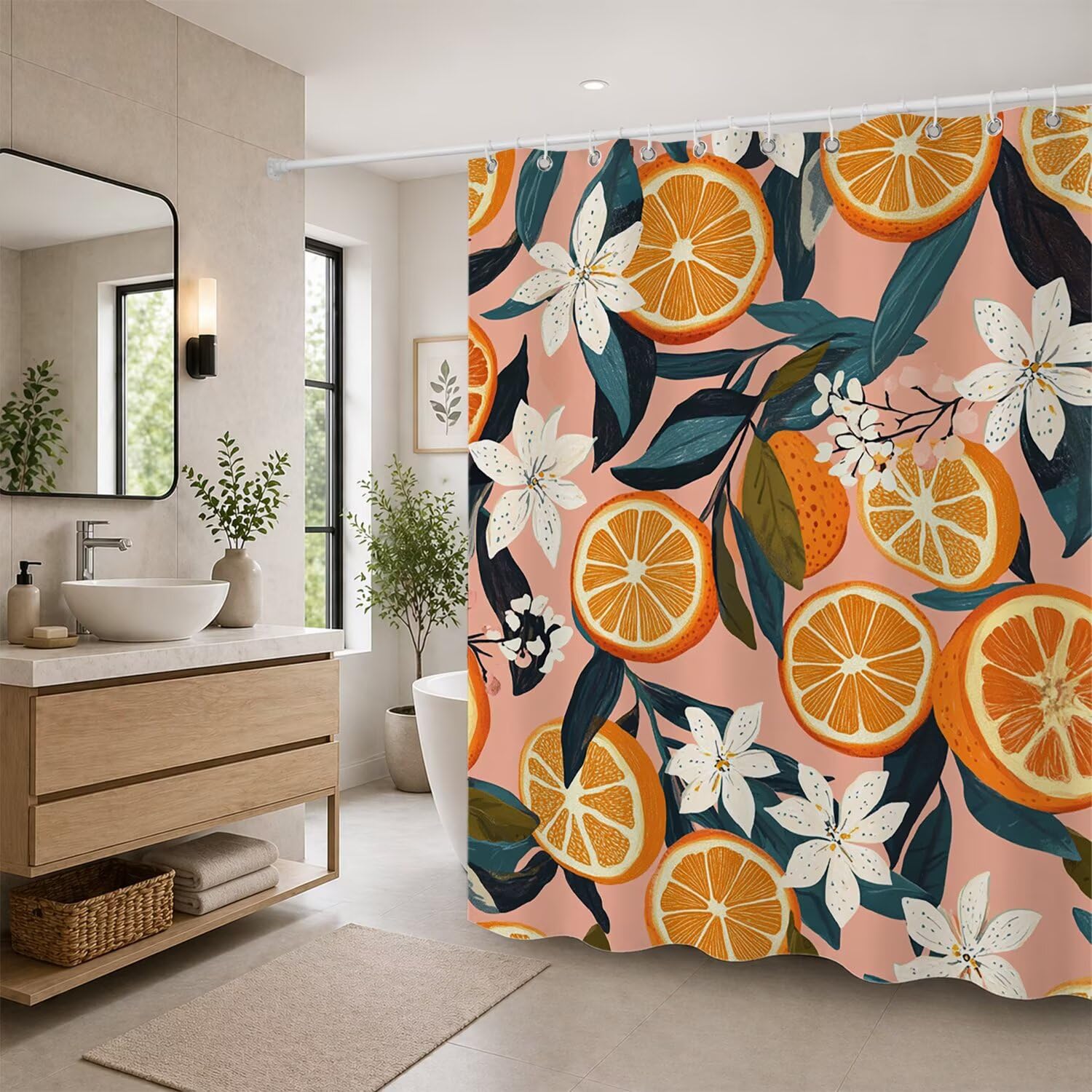 Rideau de douche anti-adhérence en tissu lesté rose orange imperméable 160x180 cm lavable