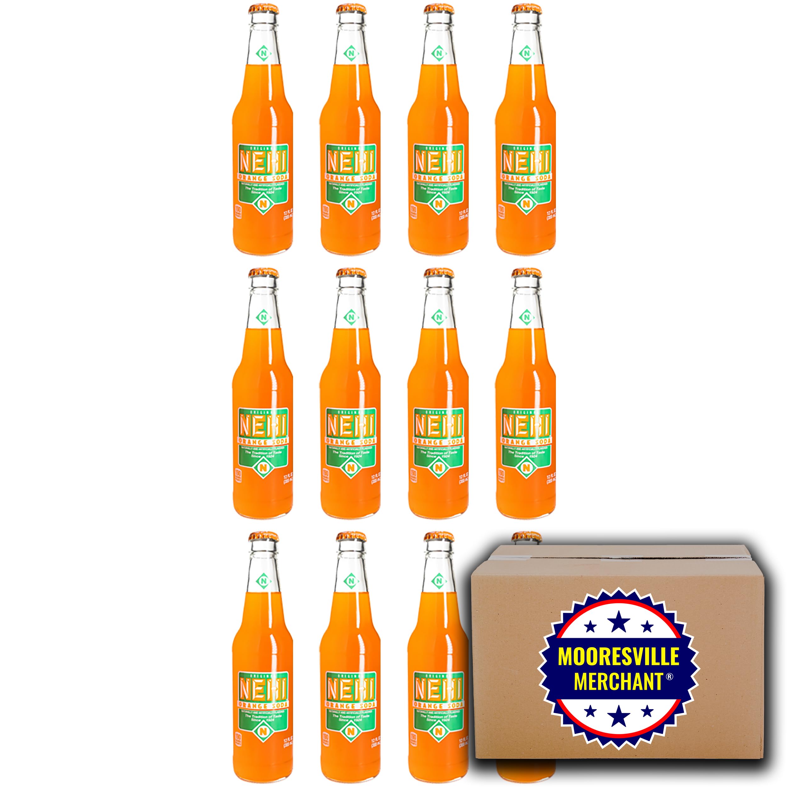 Nehi Orange Soda, 12 fl oz, 12 Glass Bottles with Mooresville Merchant Decal